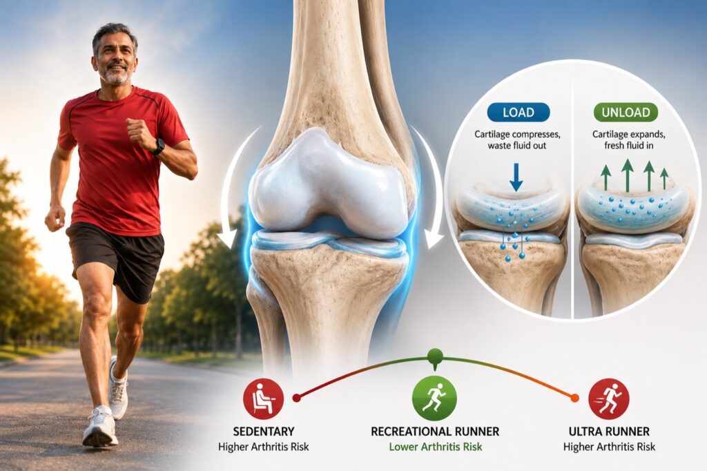 Infographic showing how cartilage loads and unloads during running, and arthritis risk compared across sedentary, recreational runner, and ultra runner groups
