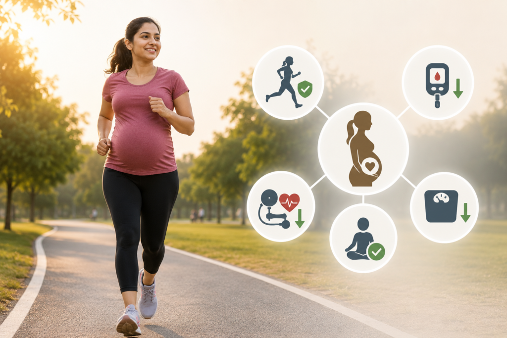Pregnant woman running outdoors, illustrating ACOG and WHO exercise guidance for pregnancy