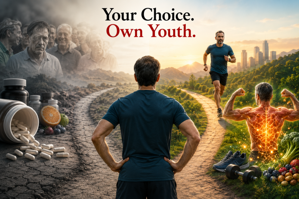 A middle-aged man stands at a fork in a trail. To his left, cracked grey earth with spilled supplement capsules and ageing faces in smoke. To his right, a sunlit green path with a runner, dumbbells, running shoes and fresh produce. Overlaid text reads: Your Choice. Own Youth.