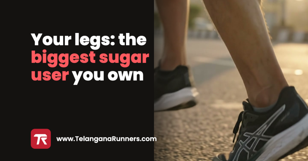 A runner's legs mid-stride at sunrise, with the words your legs, the biggest sugar user you own, and the Telangana Runners icon