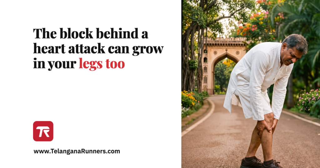 A man in a white kurta bent over holding his calf on a park path, beside the words the block behind a heart attack can grow in your legs too, and the Telangana Runners icon
