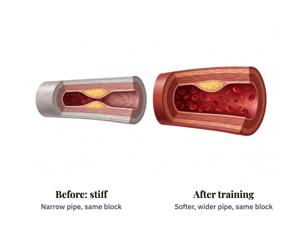 Two cut-open arteries with the same yellow block. Left, a narrow stiff grey pipe. Right, a softer, wider red pipe after training.