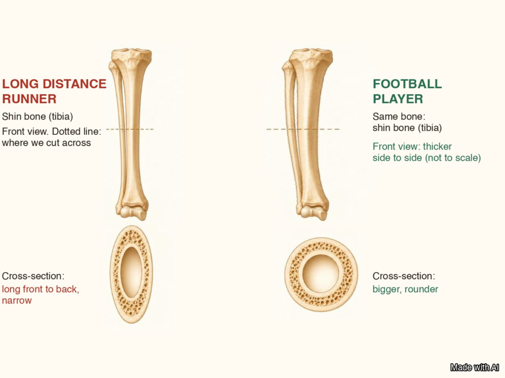Same shin bone drawn twice, with its cut-across shape: narrow and long front to back for the runner, bigger and rounder for the football player.