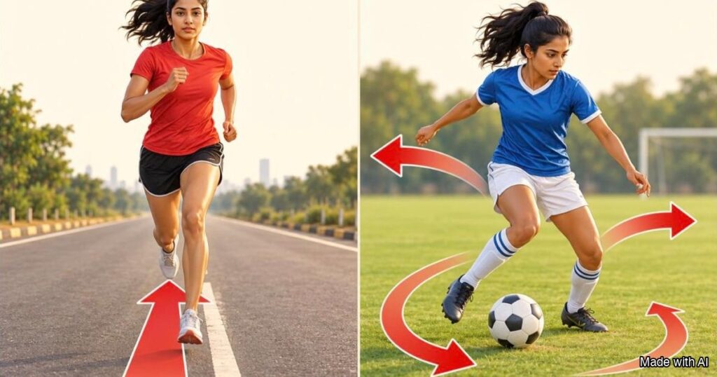 A young woman runner on a road and a young woman football player on a pitch with arrows showing the direction of the push. Made with AI.