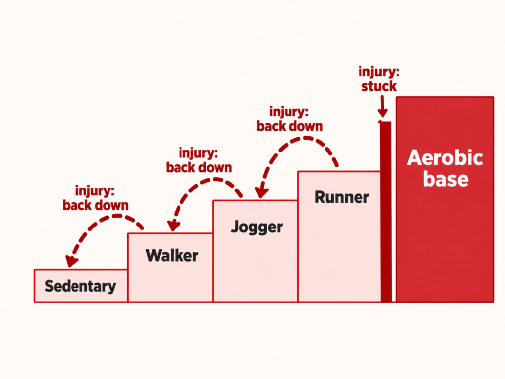 Diagram. Steps rise from sedentary to walker, jogger, runner and the aerobic base. Red arrows show an injury sending you back down, or stuck below the base.