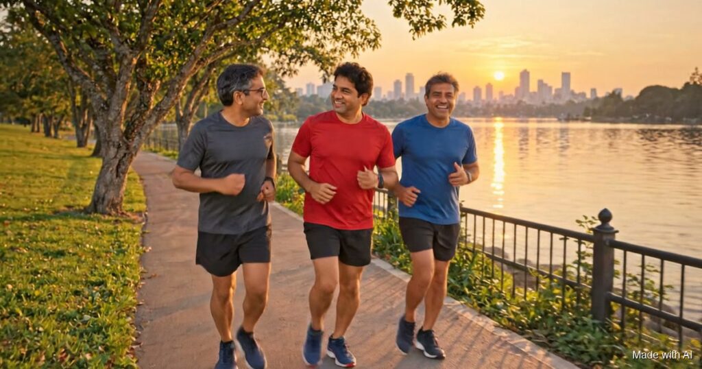 Three men running together at sunrise by a lake in Hyderabad. Made with AI.