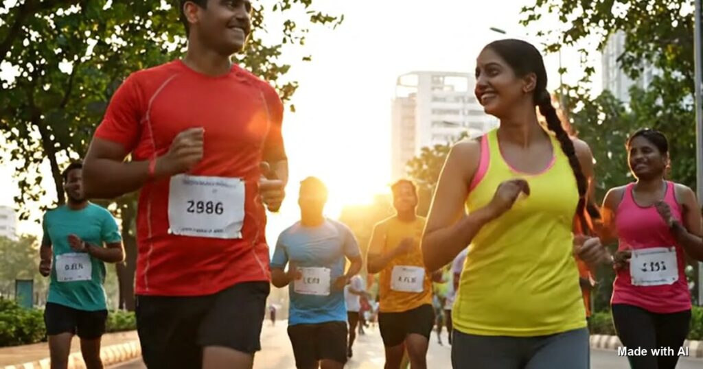 A group of runners jogging on a city road at sunrise. Made with AI.