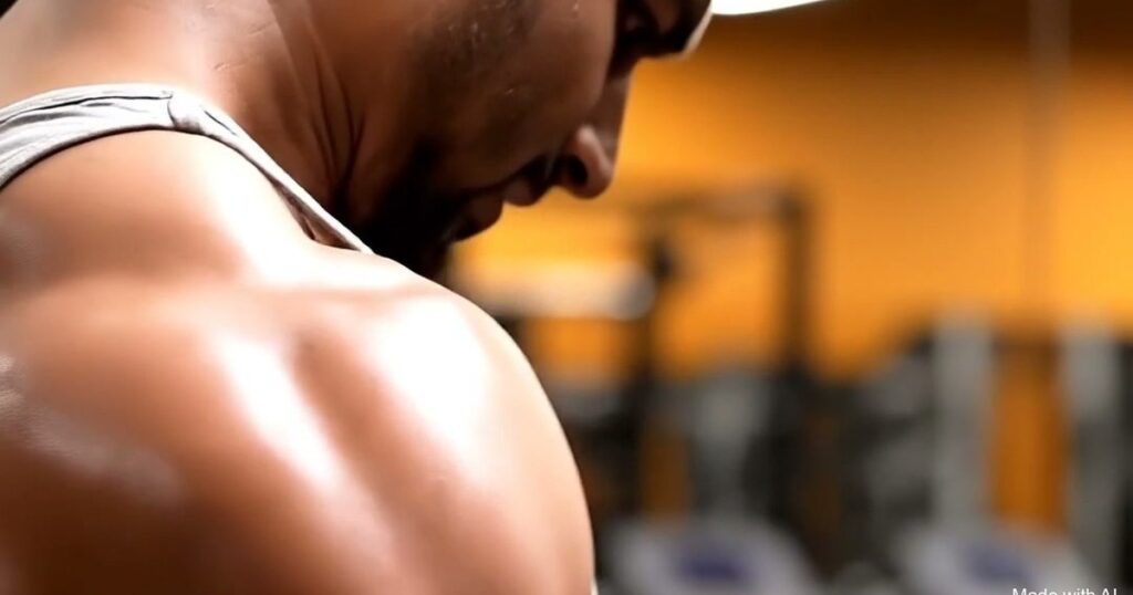 A man curling a dumbbell in a gym, his shoulder and arm muscles full. Made with AI.