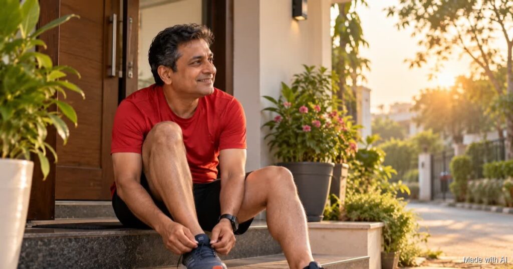 A smiling man ties his running shoes on his front step at sunrise, ready to run again. Made with AI.