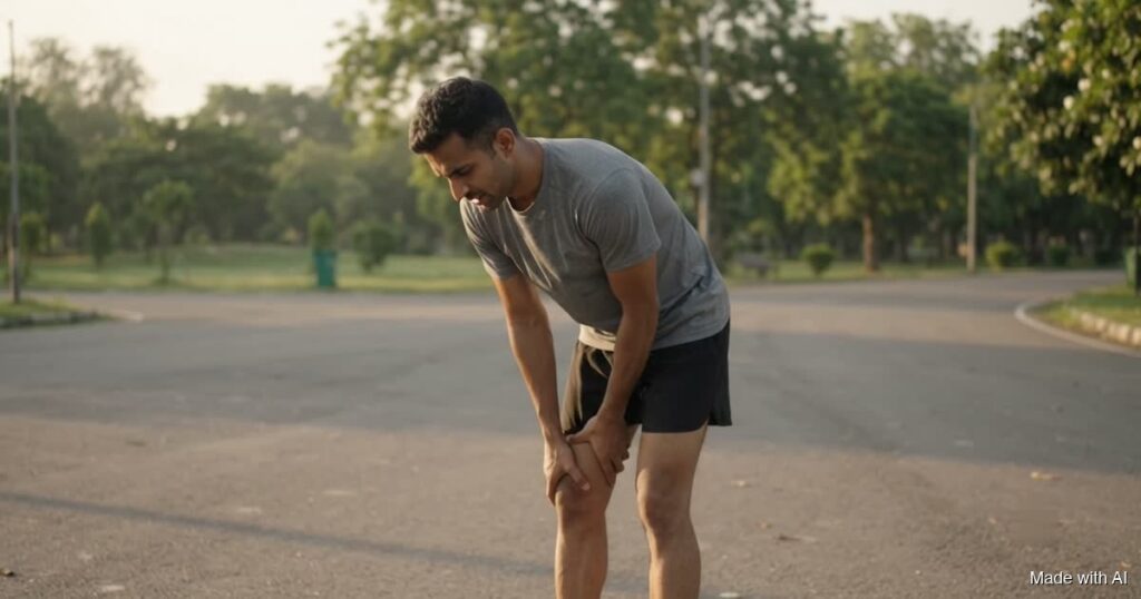 A runner stops on a park road and bends to hold his knee. Made with AI.