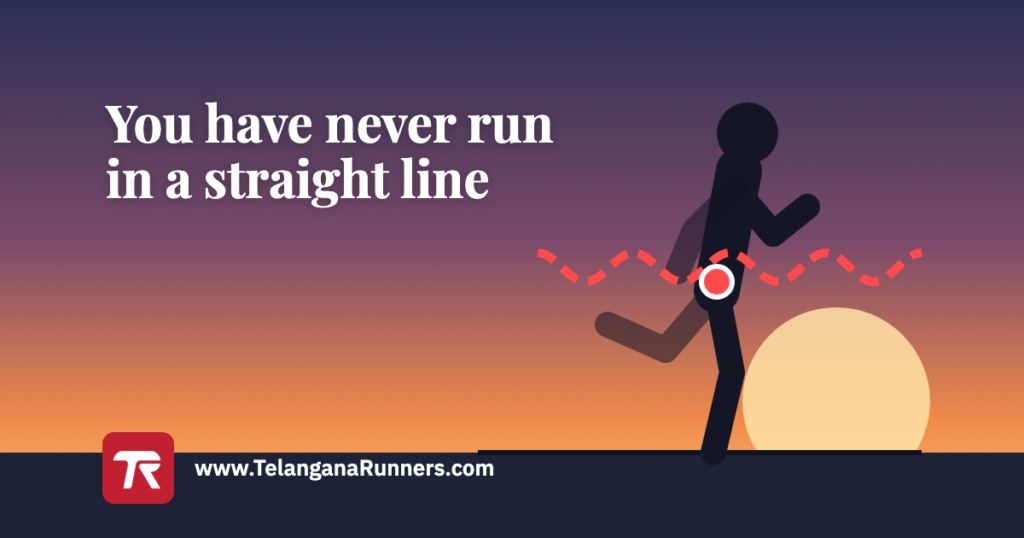 A runner mid-stride on a road at sunrise with a red dashed wave through the hips, the words you have never run in a straight line, and the Telangana Runners logo