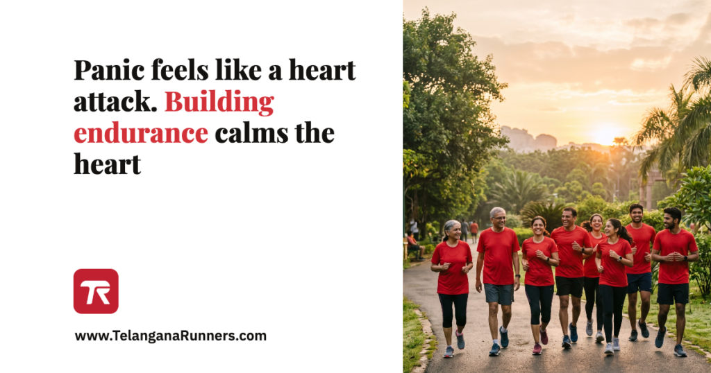 Runners in red T-shirts on a park path at sunrise, beside the title words and the Telangana Runners icon
