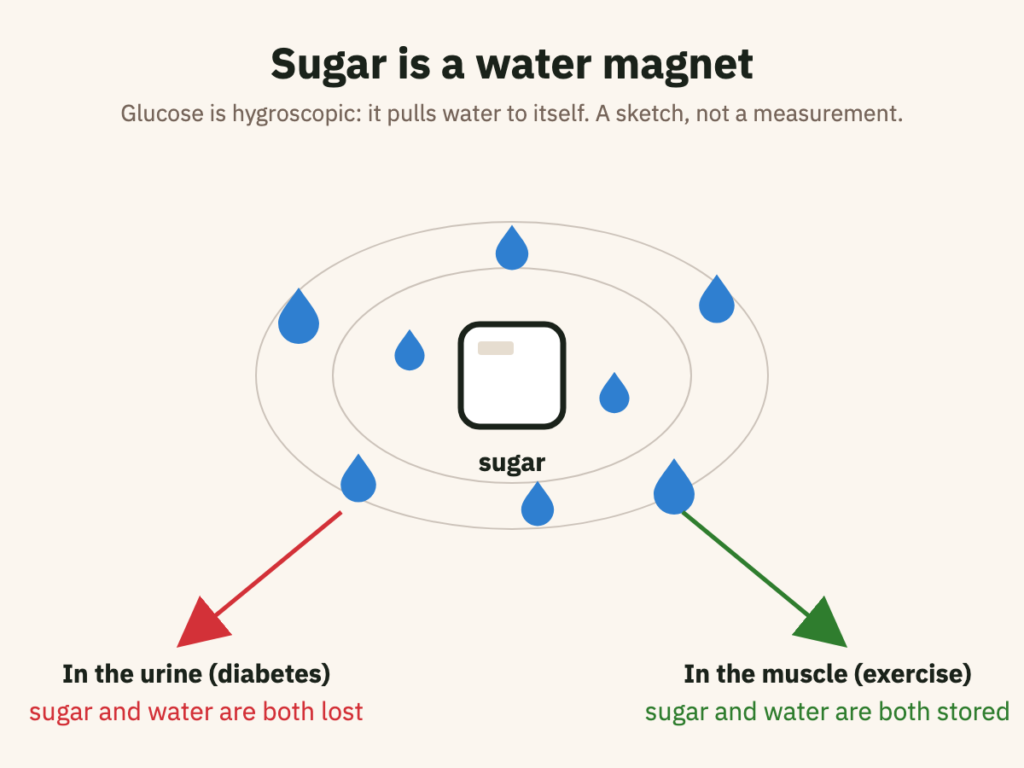 Diagram: a sugar cube with water drops drawn in towards it; in the muscle both are stored, in the urine both are lost.
